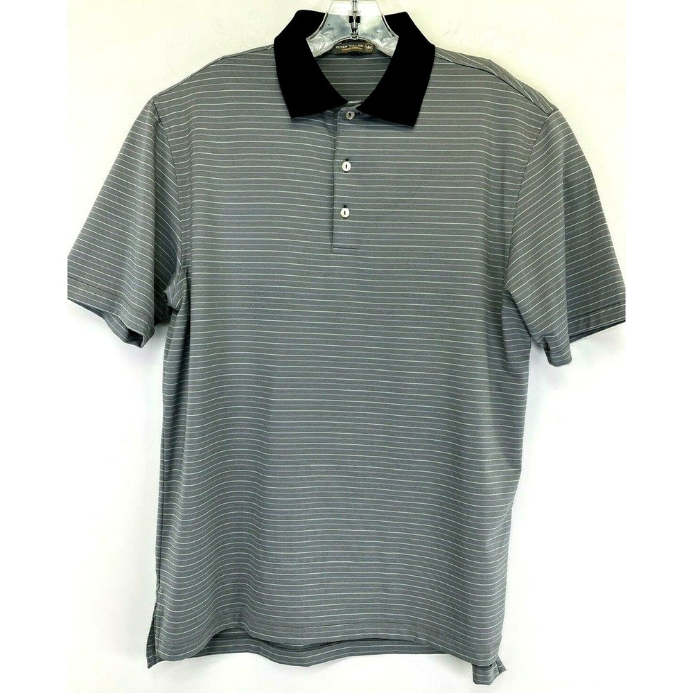 Peter Millar Summer Comfort Mens Sz Large Grey W/Stripes Golf Polo Shirt (J5)EUC